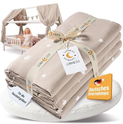 Luna & Leo Hausbett Himmel 3-TLG - mit Sternendruck [Bio Musselin Baumwolle] Handmade | Himmelbett Vorhänge Betthimmel Deko (Beige, 2er Set 320 x 130cm + Wimpelkette)