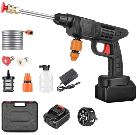Hidrolimpiadora Inalámbrica, 48V Máx 90 Bar Portátil Lavadora de Alta Presión con Boquilla Multiaspersión 6 en 1, Manguera de 5M, Lanza de Extensión, Herramienta de Limpieza Automóviles para Jardín
