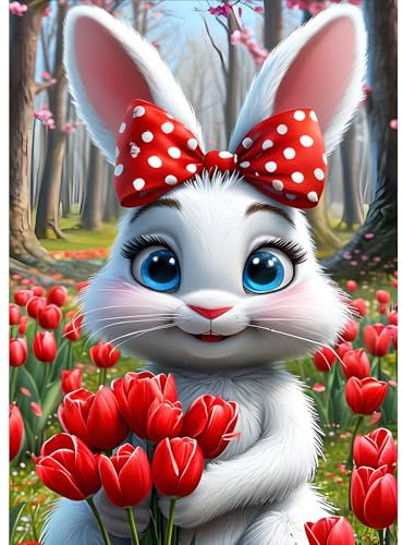 DPHERO Cartoon Rabbit Diamond Painting Kits for Beginners Adults,5D DIY Tulips Diamond Art Kits,Round Full Drill Flowers Gem Art Crafts,DIY Painting by Numbers for Home Wall Decor 12x16 inch