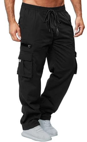 CTU Mens Cargo Trousers Elasticated Waist Pants Work Straight Fit Jogger Outdoor Pants Utility Pockets Black 3XL