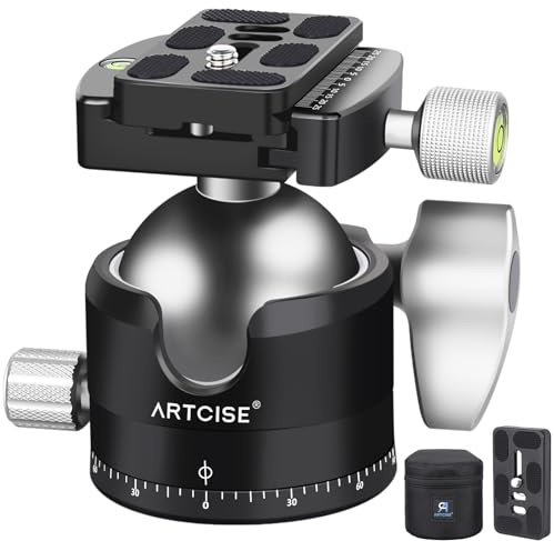 ARTCISE Testa a sfera per treppiede a basso profilo, testa a sfera panoramica in metallo da 56 mm, compatibile con piastra a sgancio rapido Arca da 1/4 per treppiede, monopiede, slider, fotocamera