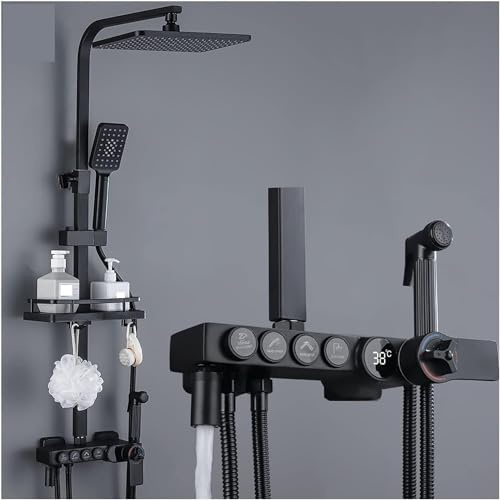 Sistema de Ducha termostático Negro con Grifo para bañera y Ducha, con repisa, Flujo de Agua eléctrico y rociador (Oro Blanco 4-1)