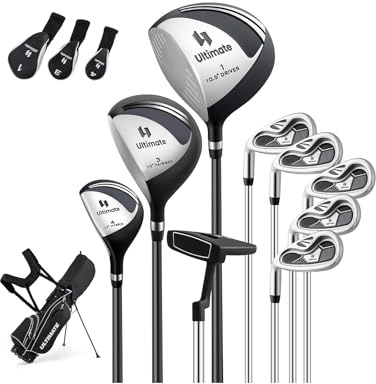 COSTWAY Set Completo di Mazze da Golf per Mancini da Uomo, Borsa Portatile con Supporto e Cappuccio Antipioggia, Include Driver 1 da 460CC, Fairway 3, Ibrido 4, Ferri 6, 7, 8, 9, P e Putter (Nero)