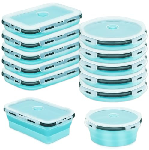 Confezione da 10 contenitori pieghevoli per alimenti con coperchio, impilabili, in silicone, pieghevoli, portatili, per campeggio, cucina, viaggi, scuola, ufficio, camper, adatti al microonde, blu