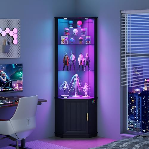 Lvifur Eckvitrine mit LED Beleuchtung und Schubladen für Sammlerstücke,Wein,3-Lagen Glasvitrine Vitrine Vitrinenschrank mit Intelligente Sensorik für Wohnzimmer,Schlafzimmer