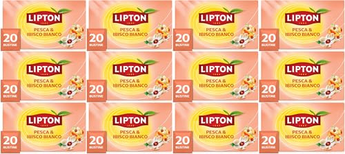 Lipton alla Pesca e Ibisco Bianco, infuso naturalmente senza caffeina, Infusi alla frutta ed erbe, Confezionati singolarmente, 240 filtri (12 confezioni da 20 filtri)