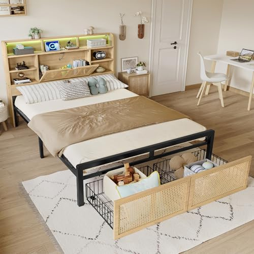 Su & Chan Legence Double Bed Frame with Charging Port and LED, Wooden and Metal Bed with Slats, Bed Head with Storage and Display Functions, Pe Rattan Style Drawer, 135 x 190cm, Natural and Black