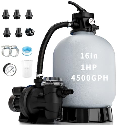 2026 Upgraded Sand Filter Pump for Above Ground Pool with Timer, 6-Way Valve Pool Pumps Above Ground, Pool Sand Filter with Enhanced Circulation System, 16in, 1HP 4500GPH for Pools Up to 18000GAL