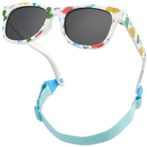 CIKJUK Polarised Baby Sunglasses 0-24 Months - with Flexible Strap Flower Printing Design Silicone Sun Glasses for Toddler Newborn Infant UV Protection - White