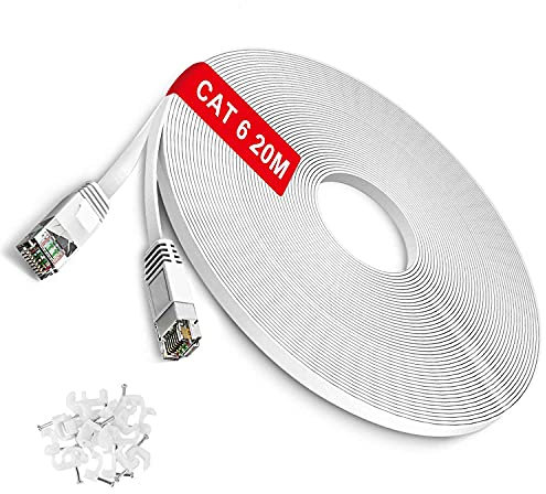 TBMax Cat6 Ethernet Cable 20m Long, Flat Internet Cable High-Speed Gigabit RJ45 Lan Network Cable - OFC - Compatible with Cat5/Cat5e/Cat7 Cables, White