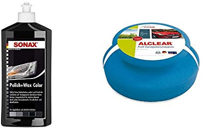 SONAX Polish & Wax Color schwarz (500 ml) Politur mit Farbpigmenten und Wachsanteilen & ALCLEAR 5713050M Auto Profi Handpolierschwamm 130 x 50 mm mit umlaufender Griffleiste