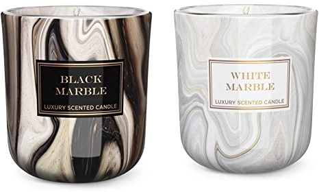 Dekohelden24 Doftljus – lykta – ljus i glas – som uppsättning om 2 – doftriktning vit marmor och svart marble, L/B/H 8,5 x 8 x 8,5 cm, 150 g per ljus