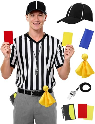 SOMSOC 6Pcs Referee Costume Set, V-Neck Referee Shirt Cards Hat Penalty Flag Whistle Sandbag for Football Soccer