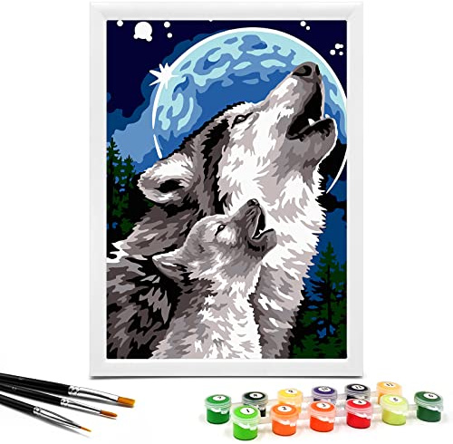 Nariolar Paint by Numbers for Kids Ages 8-12 with 7X9.5 inch Pre-Printed Cardboard,12 Acrylic Paint Pots and 3 Painting Brushes, Room Decor for Children,(Wolf)
