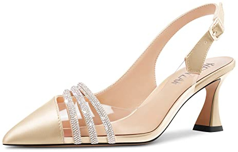 HEUIVZAR Femmes Mi Kitten Talon Heel Pointu Bout Sandales Escarpins Slingback Diamant Cristal Bureau Dress 6.5 CM Heels Beige 42 EU