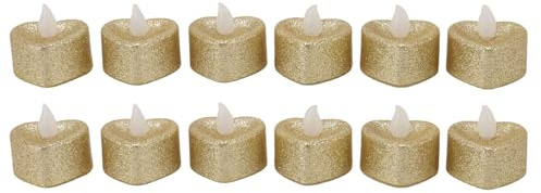Bougies Chauffe-plat Dorées, 12 Pièces, Bougies Votives Sans Flamme Dorées, Bougies Chauffe-plat à Paillettes De Noël, Bougies Chauffe-plat LED En Forme De Cœur, Décorations De Table Pour Fête, Mariag
