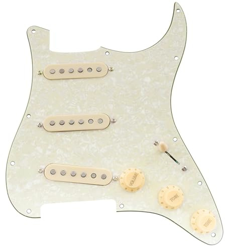 Musiclily Pro SE SSS Laddad Förkopplad Plektrumskydd Pre-Wired Pickguard med Staggered Alnico 5 Single Coil Pickup för Strat Style Elgitarr, 4-lager Aged White Pearl