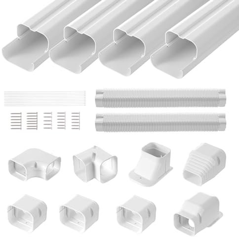 VEVOR Mini Split Line Set Cover 76.2mm W 5350mm L, PVC Decorative Pipe Line Cover For Air Conditioner with 4 Straight Ducts & Full Components Easy to Install, Paintable for Heat Pumps, White
