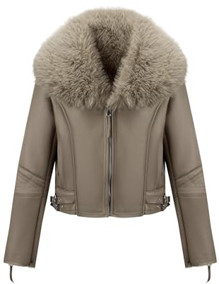 Geschallino Veste en Similicuir Suède pour Femmes Doublée de Sherpa Biker Hiver Chaude Courte Manteau avec col en Fourrure 267 Kaki M