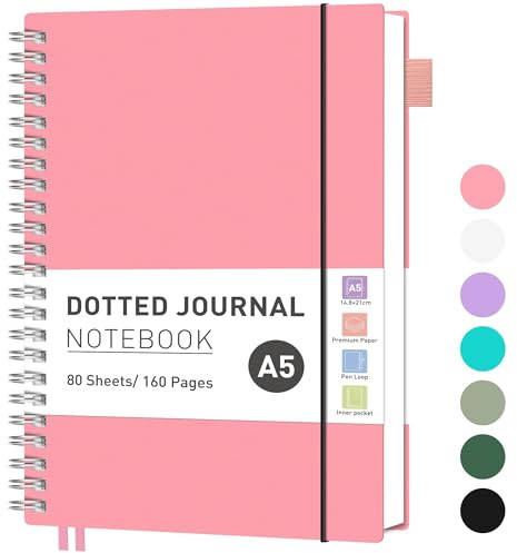 RETTACY Anteckningsbok A5-prickig, bullet journal, lätt collegeblock, 160 ark/80 sidor att skriva, 100 gsm, PVC-bok, för kvinnor och män arbete kontor, 14,8 x 21 cm – rosa