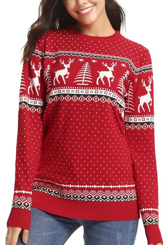 Leversic Christmas Sweater for Women Winter Jumper Xmas Reindeer Knitted Winter Pullover Crew Neck Snowflake Soft Winter Xmas Top(Polka Dot - Red,S)