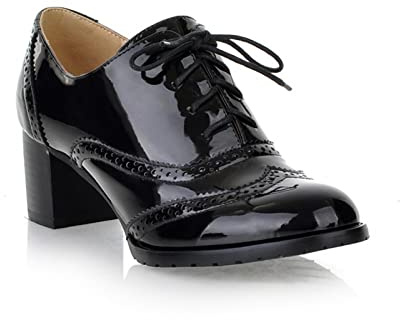 Amtopiyo Décolleté da donna con tacco medio a blocco, vintage, in pelle PU, con lacci, Oxfords, nero, 39.5 EU