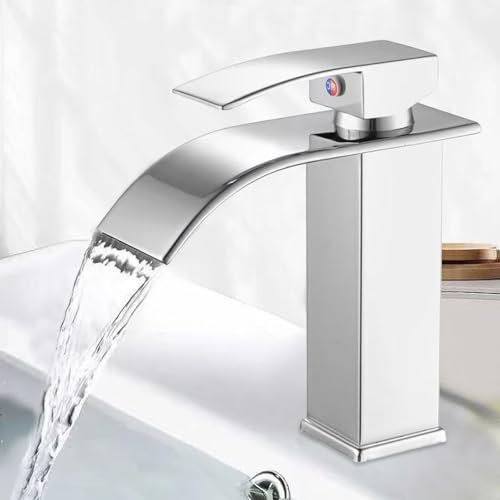 Minnhua Robinet Lave Main Mitigeur Cascade Salle Bain Argenté, Bec Cascade 110 MM, Acier Inoxydable, Montage sur Pont, Monotrou, Chromé, Gris