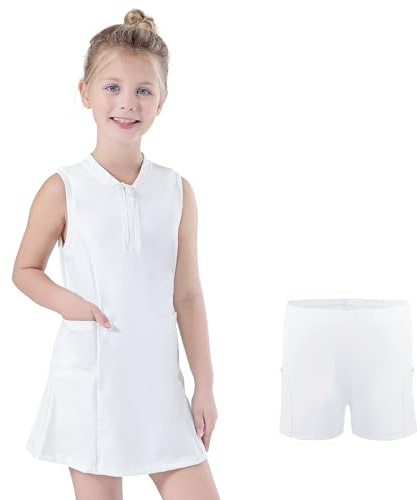 Bezioner Vestito Tennis Ragazze Abito Golf Cerniera Abito Sportivi con Pantaloncini e 4 Tasche Abbigliamento da Padel Bambini Bianco 120