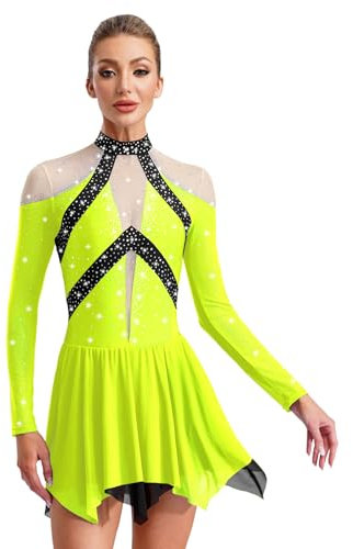 CHICTRY Eiskunstlauf Kleid Damen Langarm Rollschuhkleid Strass Glitzer Ballettkleid Stehkragen Tanzbody Mit Asymetrisch Chiffon Rock Tanzkostüm Fluoreszierendes Gelb XXL