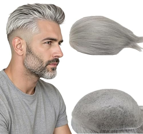 NLW 0.04mm Thin Skin PU Men's Toupee Durable Real Hair System for Men Double Knots mens grey toupee hair prosthesis mens patch units110% Medium Density implant hair pieces lenth 6inch (#1B80)