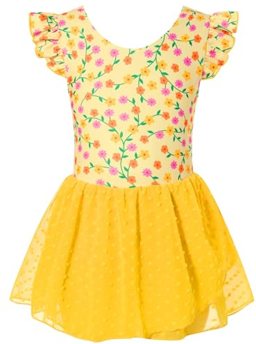 Funnycokid Ballet Leotard for Girls Dance Leotards with Skirt 7Y Ruffle Sleeve Ballerina Outfit Size 7