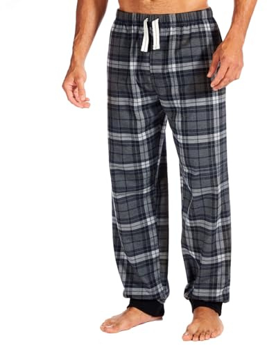 Style It Up Men’s Fleece Lounge Pants Pyjama Bottoms – Soft Warm Tartan Check & Plain PJ Pants, Cuffed Hem, Adjustable Drawstring Waist, Pockets, Nightwear & Loungewear (GREY-CHECK, 2XL)