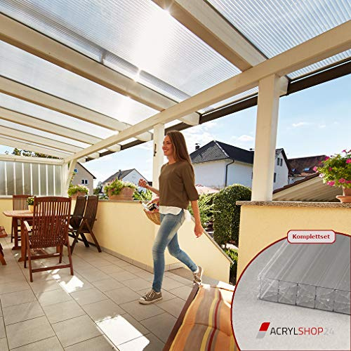 Acrylshop24 Terrassendach Terrassenüberdachung Carport Komplettset Polycarbonat 16mm X-Struktur Stegplatten farblos 16mm Stegplatten Tiefe:2500mm|Breite:5110mm - Mehrere Maße verfügbar