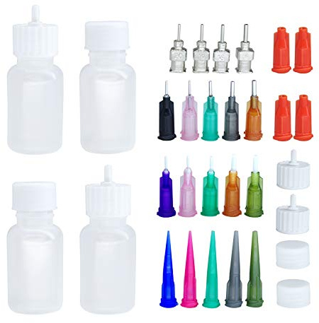 XMASIR - Juego de aplicadores de precisión multiusos, 4 unidades, 1 onza, botella de henna con 8 tapas, 16 puntas de aguja, uso para pasta de tatuaje de henna