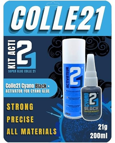 KIT ACTI BLACK Super Glue Colle21 – Colle Cyanoacrylate Noire + Activateur Spray 200ml – Collage Puissant, Précis et Instantané pour Modélisme & Bricolage