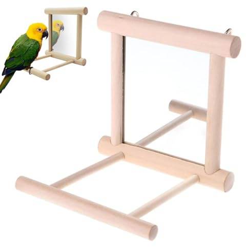 Miroir Oiseaux Cage, Oiseau Jouet pour Cage, Oiseau d'animal Familier Stand Perch avec Miroir, Birdcage en Bois Jouer Jouets, Jouets en Bois Naturel pour Parrot Perruches Perruche Conure Cockatiel