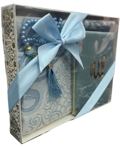 Geschenkbox Set mit Gebetsteppich, Tesbih und Surenbuch - Gebetsteppich Muslimischer Gebetsteppich Namaz-lik Seccade, Gebets-Matte, Salah, Sejadah, Seccade,(Hellblau)