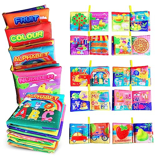 AMINFUN Soft Cloth Baby Books 4 Pack,ABC-Z&1-10&Colour&Fruit,Touch Crinkle Sensory Toys for Newborn Infants Toddler Non-Toxic Early Educational Preschool Learning Toy Gift 0-3 6-12 18 Months