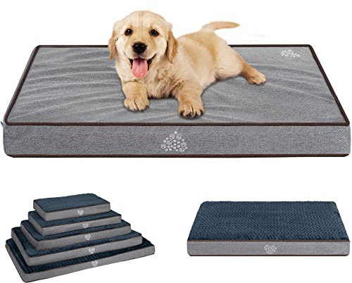 VANKEAN Dog Bed Soft Crate Pad Mat Reversible Cool & Warm, Washable Comfy Kennel Pad with Orthopedic Egg-Crate Foam for Small Medium Large Dogs, Water-Resistant Pet Bed, Gray/Dark Blue