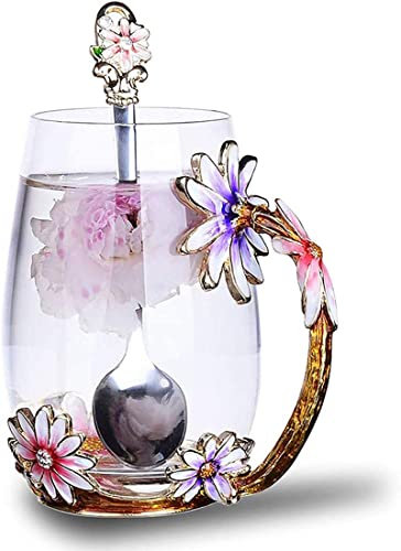Biigming Tasse à thé en Verre émaillé de Papillons Fleurs avec Cuillère en acier, Cadeau Parfait pour Femme, épouse, Petite Amie, Fête des mères, Saint-Valentin, Anniversaire (Marguerites-350ml)