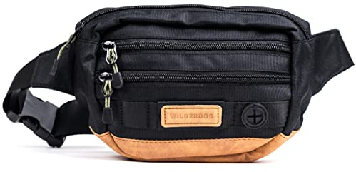 Wilderdog Utility Fanny Pack stores Treats, Balls, Keys in 3 Pockets with adjustable strap and Poop Bag dispenser (Black)
