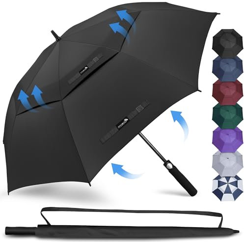 ZOMAKE Regenschirm Gross Sturmfest XXL - Golfschirm Groß Windfest 68inch - Familienregenschirm Groß Sturmfest Mit Tragegurt(Schwarz)