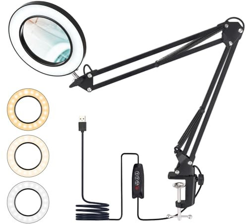 Ricyea Led Lupenlampe, 10X Lupenleuchte mit Klemme, Leselampe 3 Farbemodi, 10 Helligkeitsstufen Dimmbar Schreibtischlampe mit Lupe für Lesen, Hobbys, Basteln, Senioren (Schwarz)