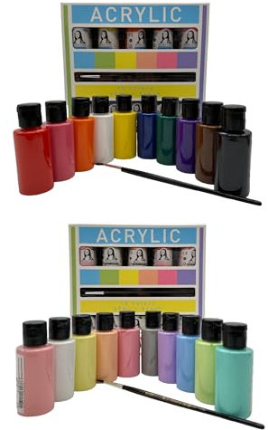 SÜDOR Akryl-set. 20 färger per 36 ml. Högpigmenterade och täckande målarfärger för duk, pouring, trä, sten, papper, gips, metall etc. Allmänna färger (20 färger x 36 ml med borste)