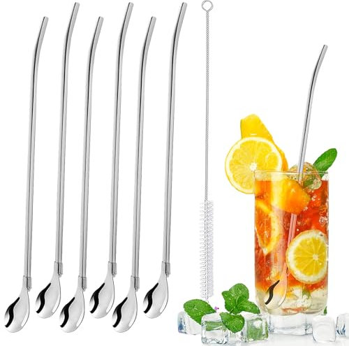 Cucchiaio Cannuccia,6 Pezzi Cannucce a Cucchiaio in Acciaio Inox Cannucce Riutilizzabili 2 in 1 Cannucce Cocktail e Lunghe Cucchiaini Con Spazzola Lunga per Caffè,Latte,Succhi,Cocktail
