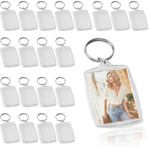 20Pcs Rectangle Acrylic Blank Photo Keychain, Clear Photo Frame Keyring, Picture Snap-In Insert Keyring, Double Sided Photo Holder Keychain, Clear Photo Key Rings with Split Ring for Family Friends