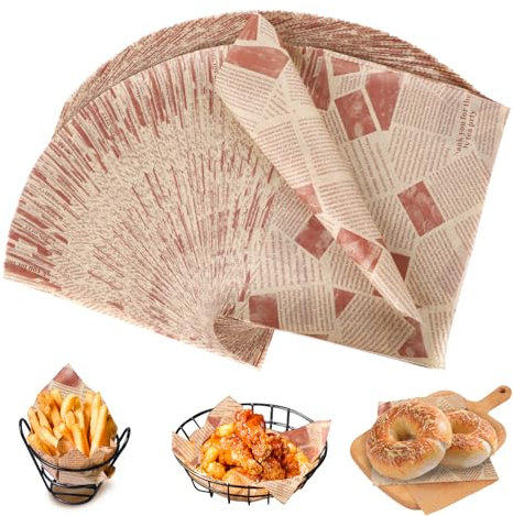 (200 Stück) Burger Papier, 20 x 30 cm Butterbrotpapier, Wachspapier für Lebensmittel in Backpapier Zeitungsoptik, Zeitung Backpapier, Öl- und Wasserfest für Burger, Sandwiches und Food Basket.