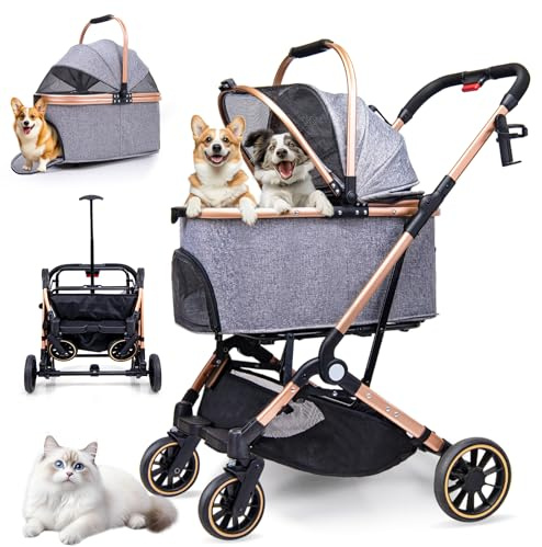 LENSEMUS Dog Stroller for Max 45 lbs Dogs - 3 in 1 Pet Stroller with Detachable Storage Basket 4 All-Terrain Rubber Wheels Pull Rod Durable Travel Carrier for Medium Dogs 2 Small Cats (Grey)