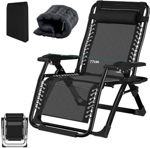 Fiutazge 77cm Extra Breit Sonnenliege,Gartenliege Klappbar Mit Verstellbare Rückenlehne,Gepolstert,Abnehmbarem Kopfteil,GeträNkehalter,Liegestuhl Abdeckung,FüR Patio-Garten-Strand-Pool-Schwarz