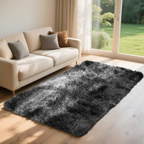 ZRSDIXKI Teppich Wohnzimmer 120x60-Hochflor Teppich Grau Teppiche für Schlafzimmer Wohnzimmer, Anti Rutsch Extra Große Teppiche für Kinder Home Decor Ästhetik (60.0 X 120.0 Zentimeter, Dunkelgrau)